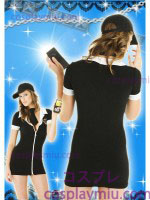 Sexy Black V-neck Lady Police Costume with White Collar
