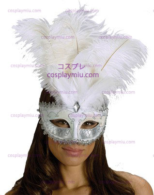 Carnival Mask Big Feather Wt/Sv