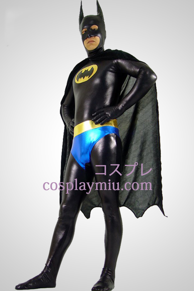 Shiny Metallic Black Batman Zentai Suit With Black Cape